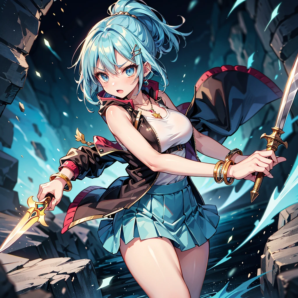 Anime Moe Art Style,Highest quality,High resolution,Anatomically correct,Mid-teens,Light blue hair ponytail,Super detailed,Big Breasts,Shiny skin,Beautiful Skin,A rich expression,Serious expression,shout,cave,Sleeveless jacket,mini skirt,Wielding a dagger,Fight monsters,necklace,bracelet,hair ornaments,Eyes drawn in detail,8k