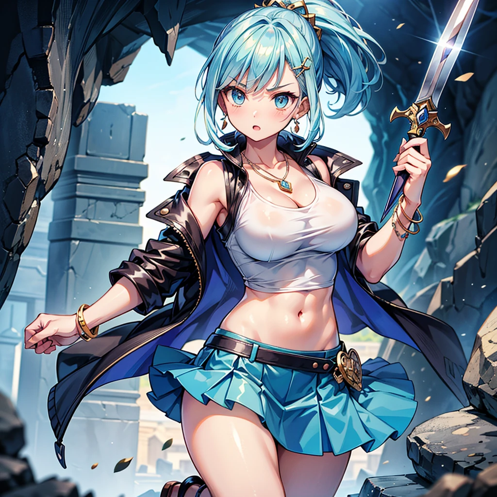 Anime Moe Art Style,Highest quality,High resolution,Anatomically correct,Mid-teens,Light blue hair ponytail,Super detailed,Big Breasts,Shiny skin,Beautiful Skin,A rich expression,Serious expression,shout,cave,Sleeveless jacket,mini skirt,Wielding a dagger,Fight monsters,necklace,bracelet,hair ornaments,Eyes drawn in detail,8k