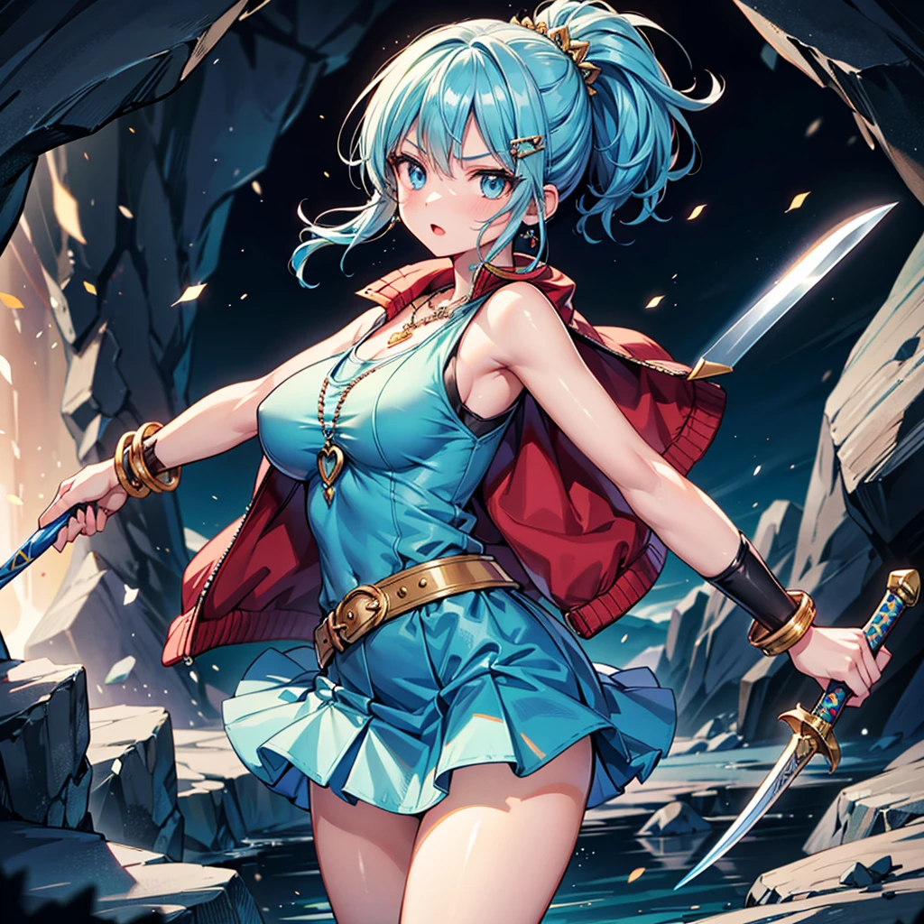 Anime Moe Art Style,Highest quality,High resolution,Anatomically correct,Mid-teens,Light blue hair ponytail,Super detailed,Big Breasts,Shiny skin,Beautiful Skin,A rich expression,Serious expression,shout,cave,Sleeveless jacket,mini skirt,Wielding a dagger,Fight monsters,necklace,bracelet,hair ornaments,Eyes drawn in detail,8k