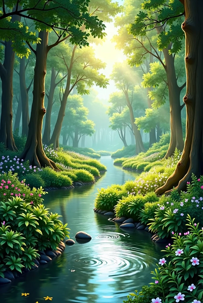 Scenery of a clear stream flowing through the forest summer