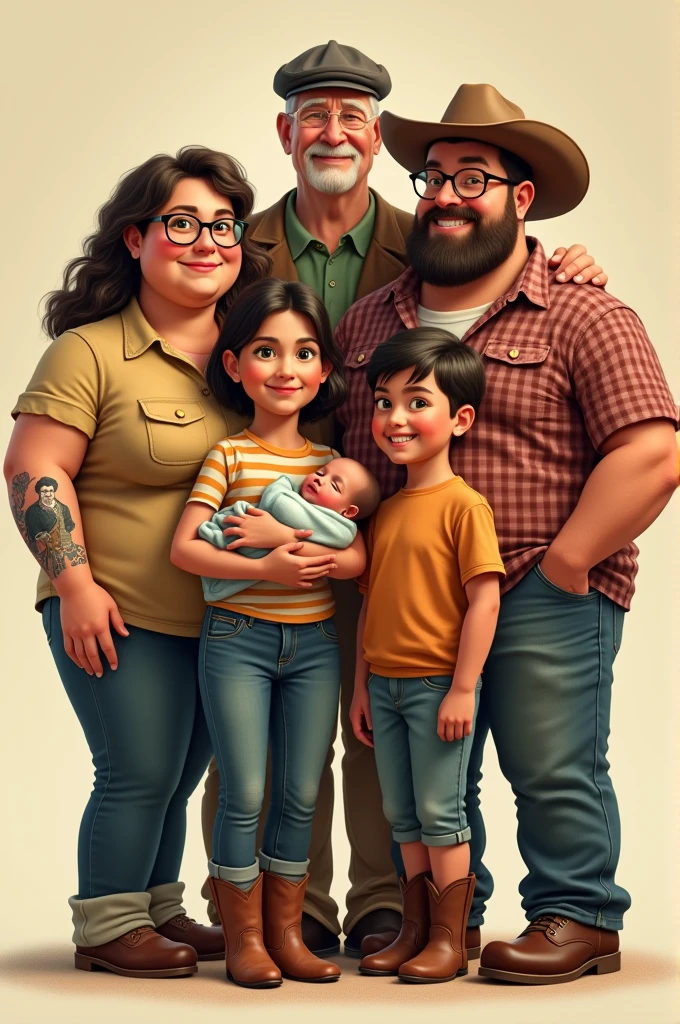Start a family with a couple consisting of a 5 lady, short hair, overweight, green eyes and glasses. This lady's husband, of 51, a big man in a cowboy hat, unshaven, draw. An older daughter holding her 1-month-old baby, This daughter has medium hair, smooth ass, moreno claro, dressed in a striped shirt and country boots, the other fat sister with the big tattoo on her left arm of morticia addams. And behind the family a gentleman stands 69, high, in beret, gray hair and a smile