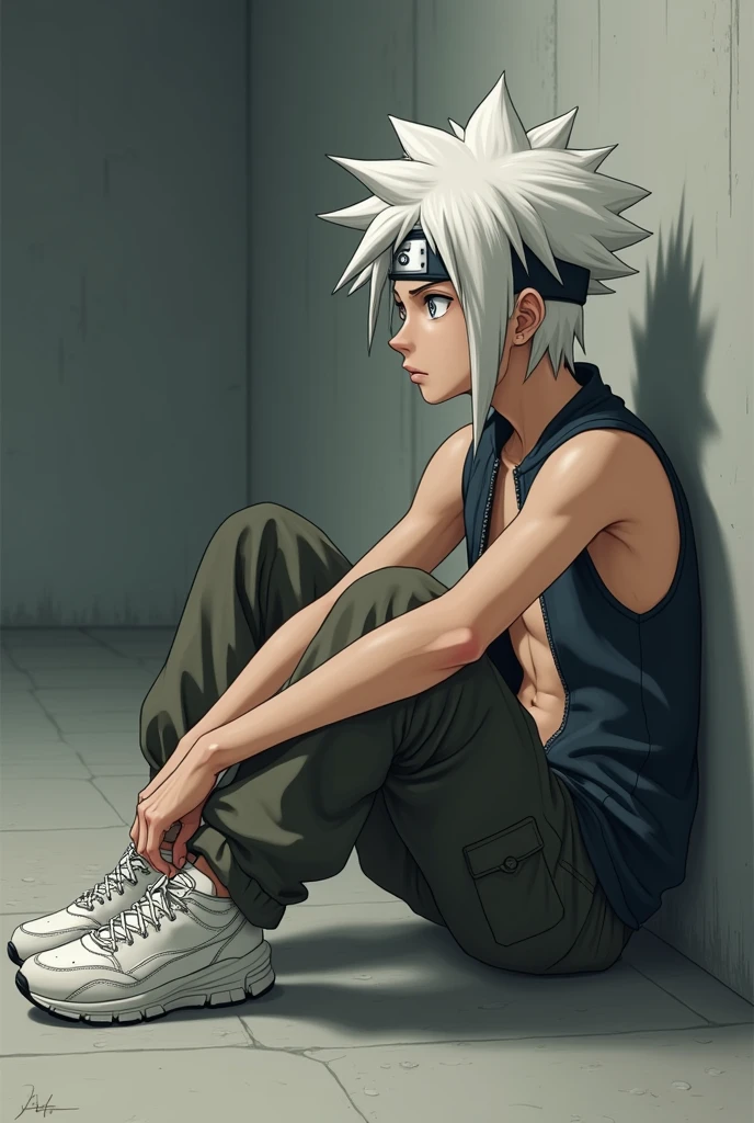 Nara_Shikamaru, look right, leaning on a wall, sitting on floor、solo、white skinned、hason、young ,(Long messy hair)、(cargo pants、vests、White sneakers)、Detailed body、(Detailed face) 、(8k ,tmasterpiece、 hyper HD、 Top resolution,、The is very detailed、 profesional lighting、 Gray light illumination,a little distance, 6 pak