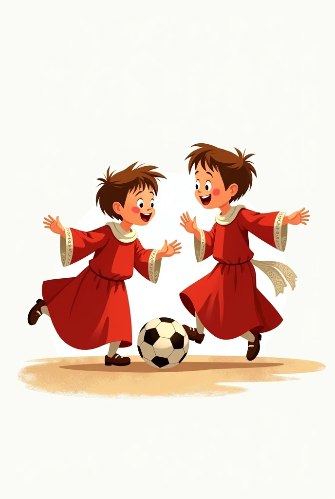 two altar boys in red cassocks and long white lace surplices, playing football, White background, disney type