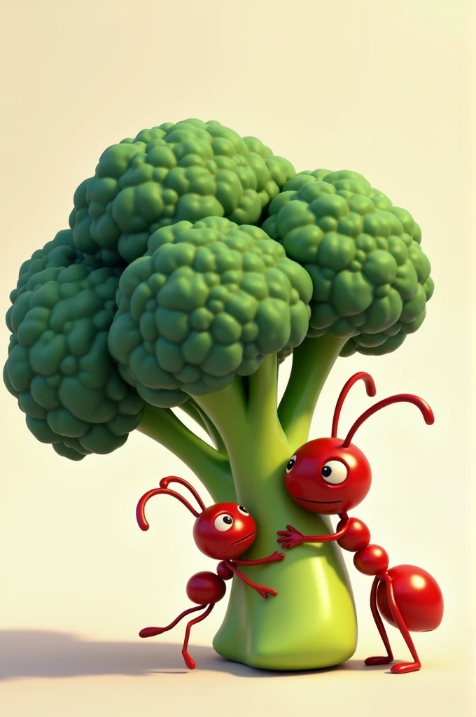 A broccoli and a red ant hugging each other