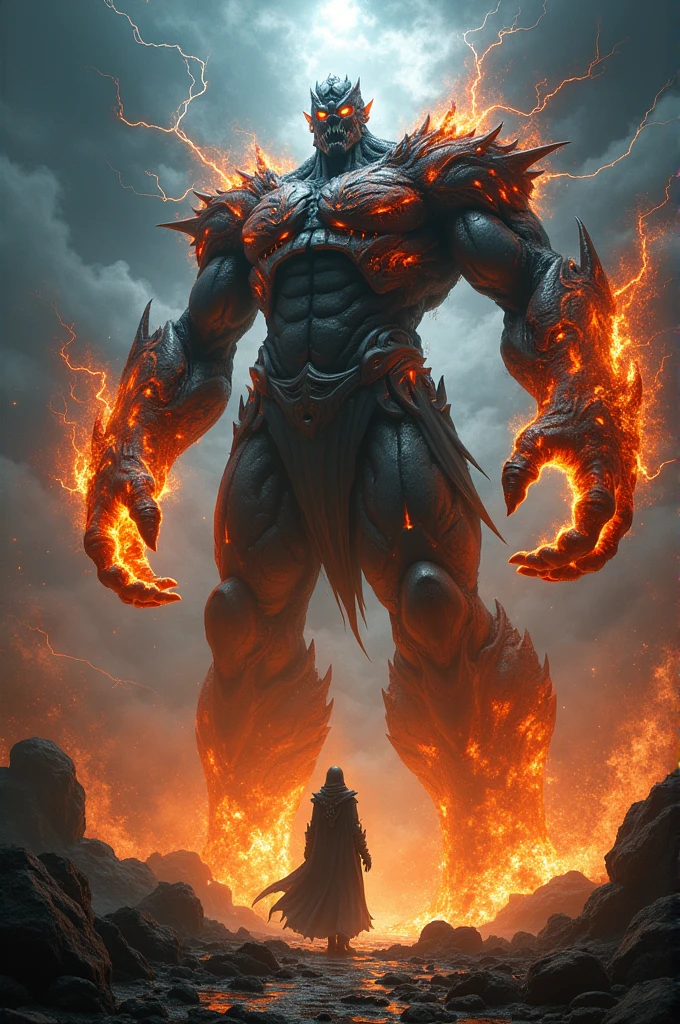 (Four-armed Titan of Chaos,threatening attitude)(covered in fire, black smoke and lightning)