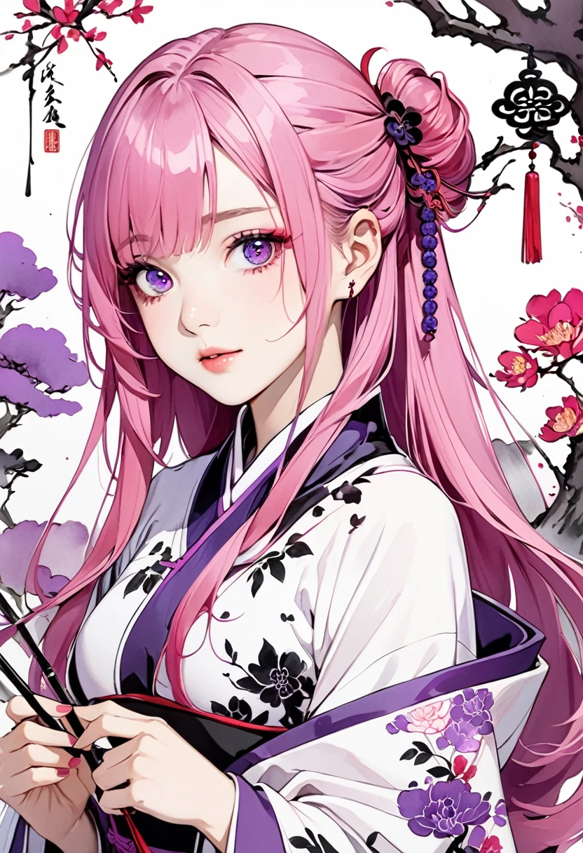 a girl, pink hair ,purples eyes, chinese traditional ink painting
