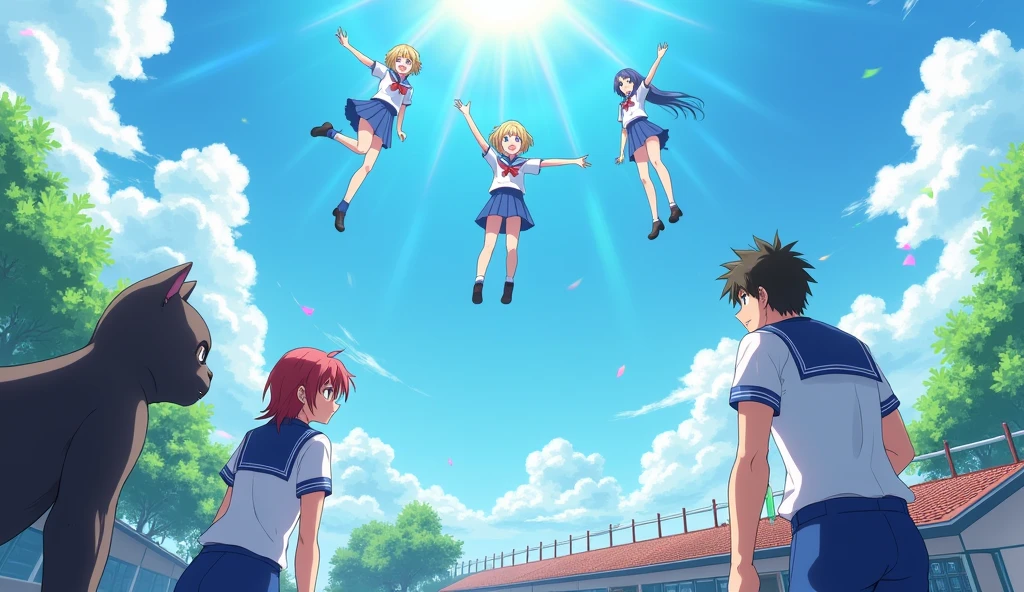 a beautiful sunny day with rainbow colored clouds and sun flare, several girls in sailor uniforms floating in the sky, a handsome gorilla, a cute black cat, anime style illustration, bird's eye view, school with rainbow flags on the roof, looking down at the back of the characters