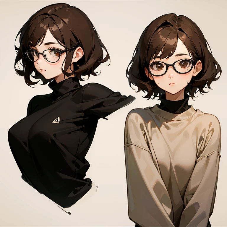 Girl with short brown hair, slightly wavy, and big brown eyes, with a semi-realistic anime style, wearing glasses, with a sweet look and her slim body, wearing a black sweatshirt.