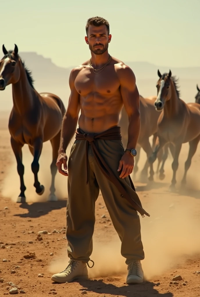 A handsome beautiful slim shirtless white skin man in the desert many horse running behind him 