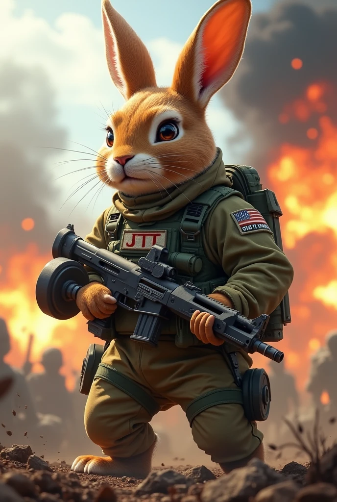 Holland Lop Eared Rabbit with both ears fully drooping　Light broken orange、Special Forces Look、The body is muscular and well-trained.、The clothes say JTt、A fierce battlefield with explosions、He is holding a dumbbell in his left hand and a gun in his right hand.