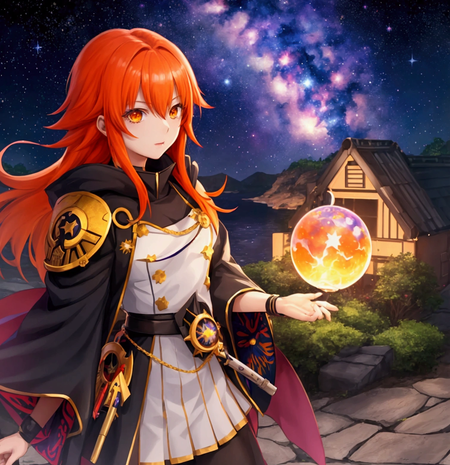 A cuckoo,A young girl,Ritsuka Fujimaru,Fujimaru Ritsuka, Fate/The heroine of Grand Order,Orange hair,Golden Eyes, Rainbow colored cosmic nebula background, Star, galaxy,Warhammer 40k World View,Gudako is the demon prince of Tzeentch, Intricate details, Perfect face