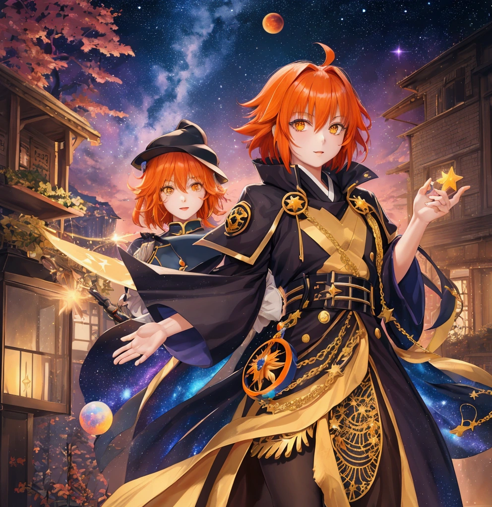 A cuckoo,A young girl,Ritsuka Fujimaru,Fujimaru Ritsuka, Fate/The heroine of Grand Order,Orange hair,Golden Eyes, Rainbow colored cosmic nebula background, Star, galaxy,Warhammer 40k World View,Gudako is the demon prince of Tzeentch, Intricate details, Perfect face