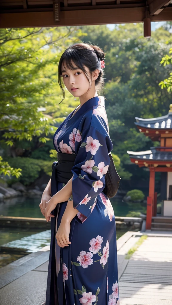 Create a highly realistic image of a woman wearing a traditional yukata. Her face is meticulously detailed with perfectly symmetrical features, soft facial contours, and large, expressive eyes. She has bangs that frame her face delicately. The background is a serene shrine, capturing the traditional and peaceful atmosphere of the setting. The overall image should emphasize the natural beauty of the woman and the cultural richness of the shrine backdrop.
