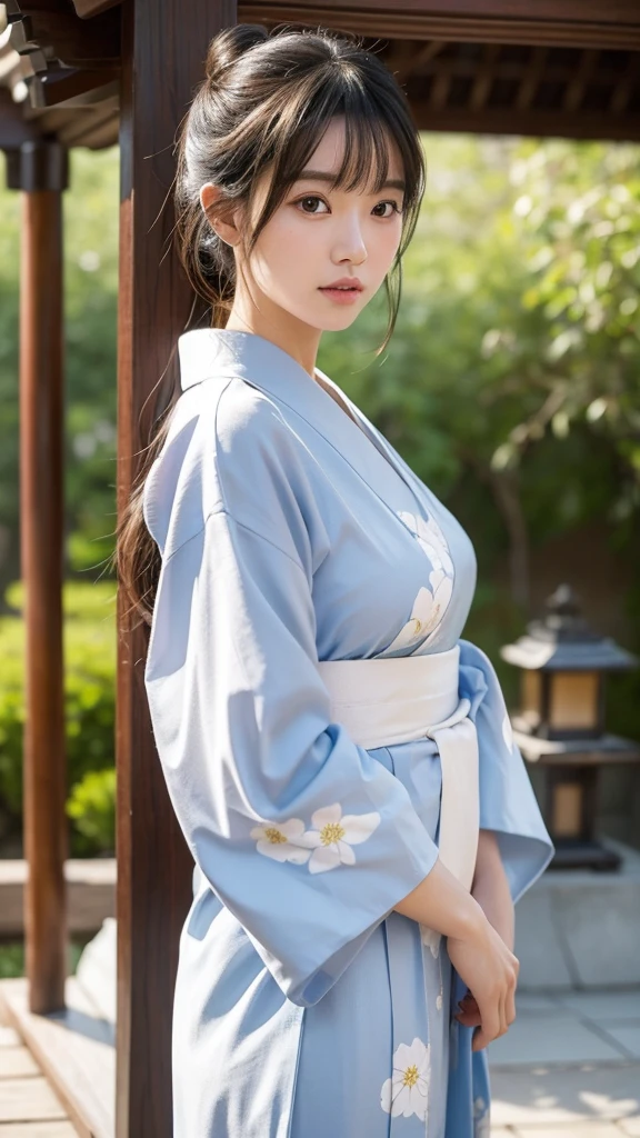 Create a highly realistic image of a woman wearing a traditional yukata. Her face is meticulously detailed with perfectly symmetrical features, soft facial contours, and large, expressive eyes. She has bangs that frame her face delicately. The background is a serene shrine, capturing the traditional and peaceful atmosphere of the setting. The overall image should emphasize the natural beauty of the woman and the cultural richness of the shrine backdrop.