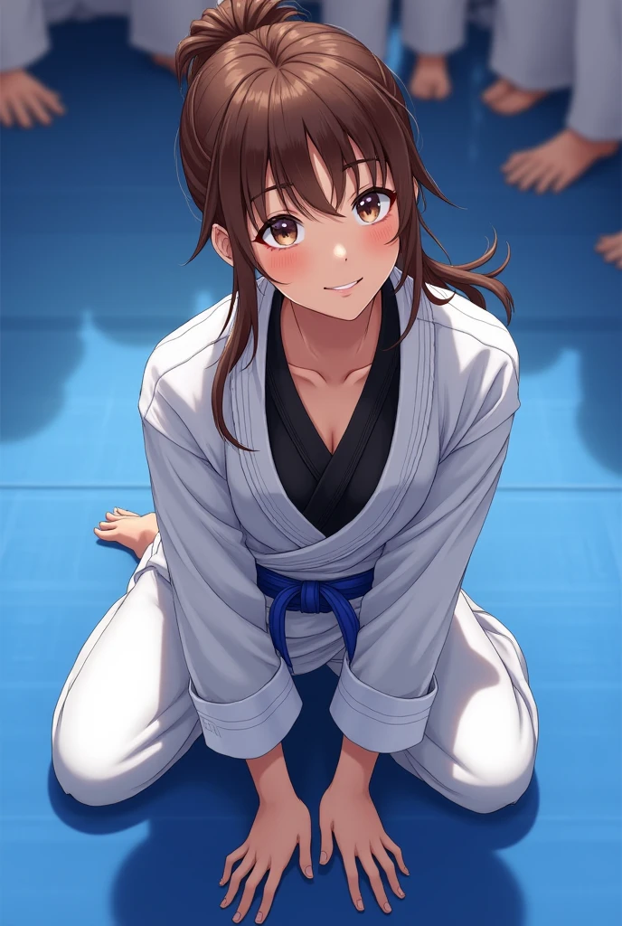 A woman was in a Jiu Jitsu competition. She had brown hair and eyes, the color of his skin was white, her face was oval,she smiled, was dressed in a Jiu Jitsu kimono , she is a blue belt. She was kneeling, had just finished fighting, her hair was tied up.
She wore a black blouse.
The mat was blue