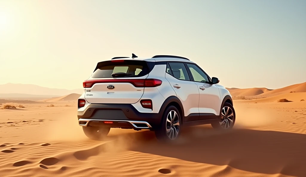 Give me a competative image of ( Kia Stonic ) ( white ) back view in desert 