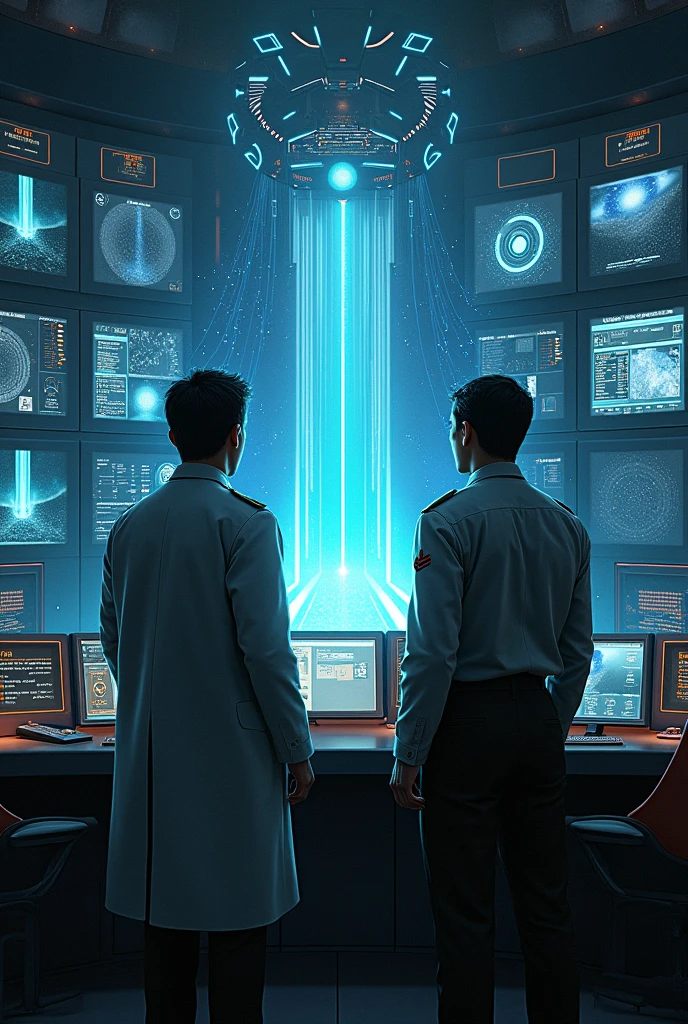  In a control room a lot of screens. Some are black and others are screen-printed showing an interdimensional portal. And another screen showing values exceeding limits. And that this is a male scientist with an ambitious personality. And a male army commander looking at the screens standing.  a portal to another world. Like the ones from stranger things