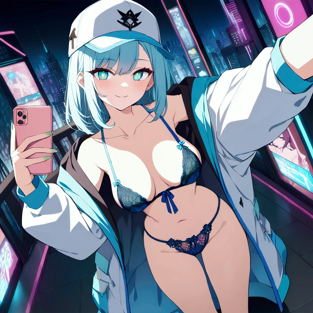 (Selfie shot:1.3),Perfect anatomy,(Line art:1.3),32k wallpaper,A beautiful woman taking a selfie, smiling brightly with one eye winking. She's wearing a vibrant sexy lingerie with oversized jacket, sneakers, and a snapback hat. The background is a vivid neon-lit cyberpunk cityscape, with glowing signs and futuristic buildings,BREAK,(best quality:1.3),(best masterpiece:1.3),(very aesthetic:1.2),(absurdres:1.2),newest,(intricate details:1.2),absurdres extremely detailed CG,depth of field,dynamic angle,white pupils,high resolution