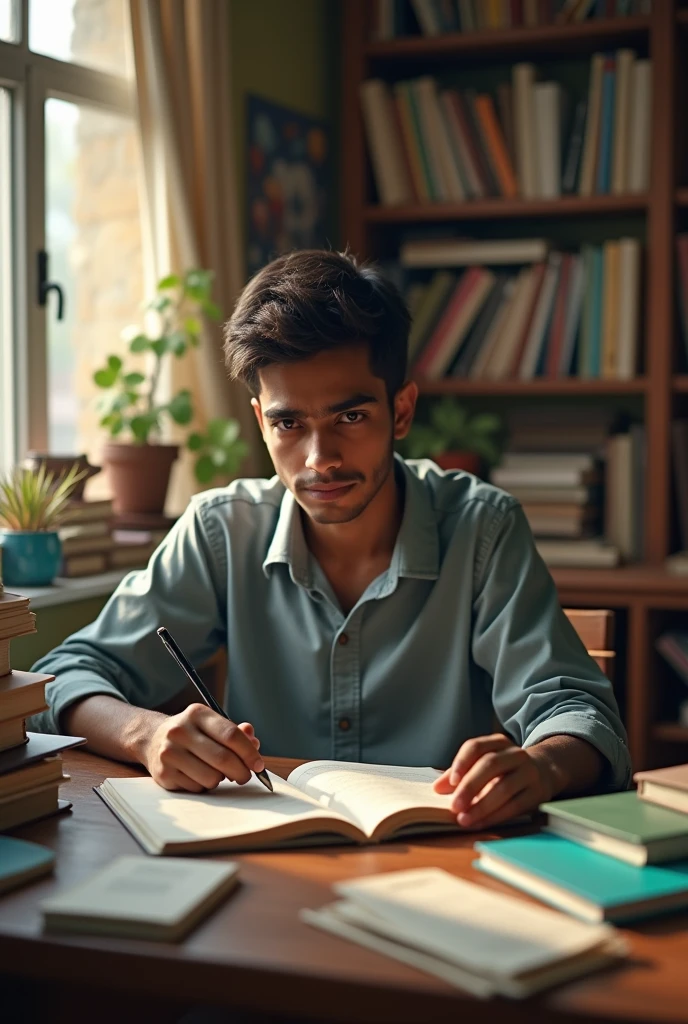 A 20 year old boy from a middle class family studying in a famous college in Delhi and his name is Vishal is studying in his hostel room
(2k HD) realistic