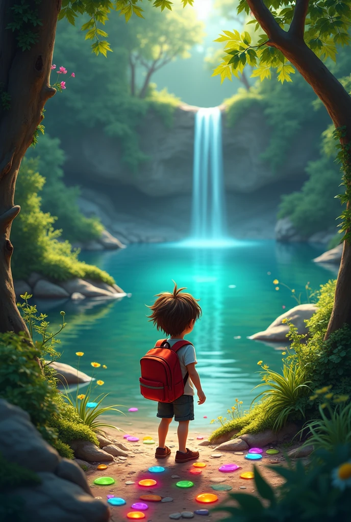 Sam,ayoung boy with messy brown hair and a red backpack,  discovering a hidden path covered with colorful, glowing stones leading to a sparkling, crystal-clear pond