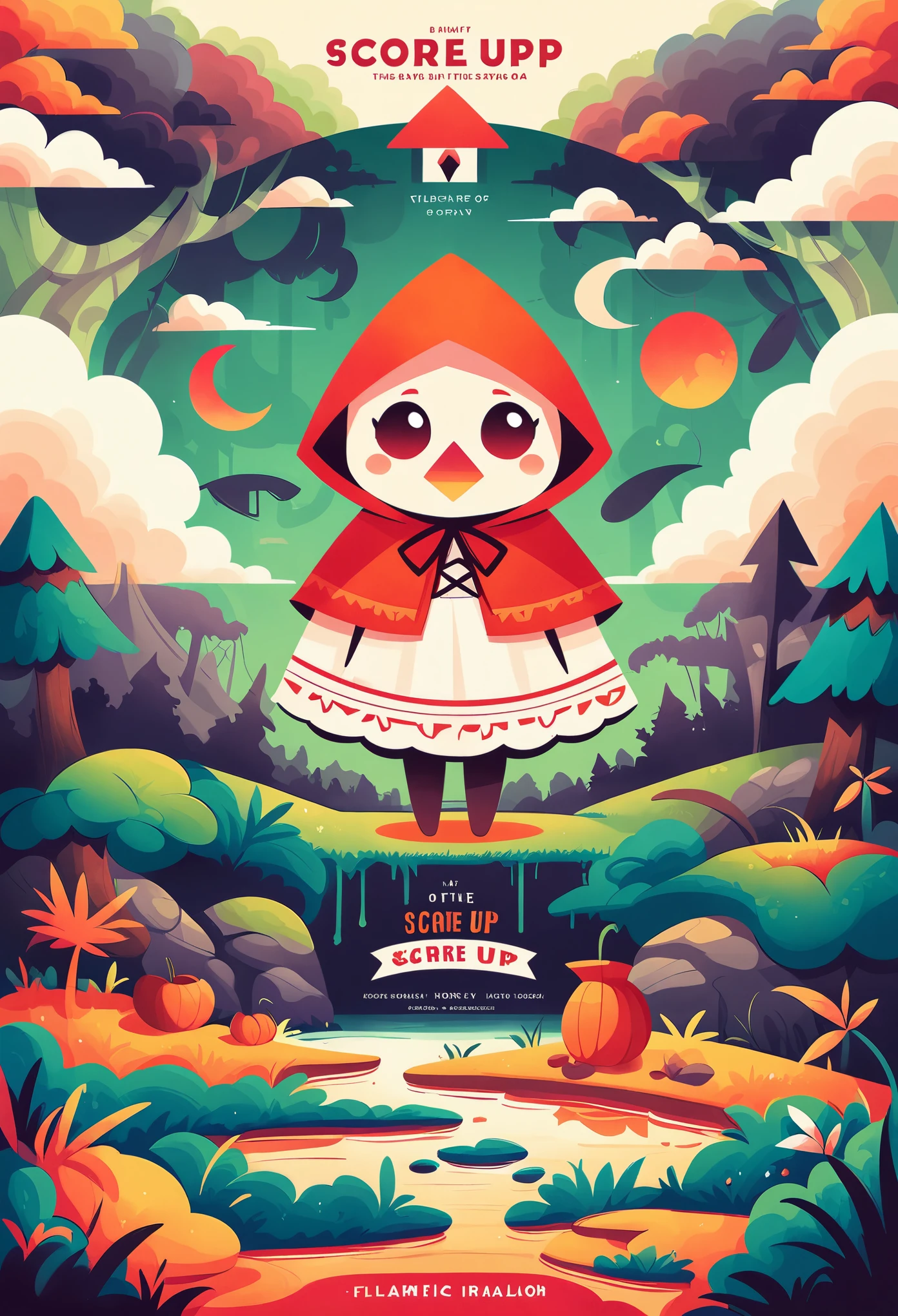 rating_safe, score_9, score_8_up, score_7_up, score_6_up, score_5_up, score_4_up, hires, highres, source_furry, cover page Design, story of Little Red Riding Hood, flat Design, vector illustrations, graphic illustration, detailed 2d illustration, flat illustration, digital illustration, digital artwork,