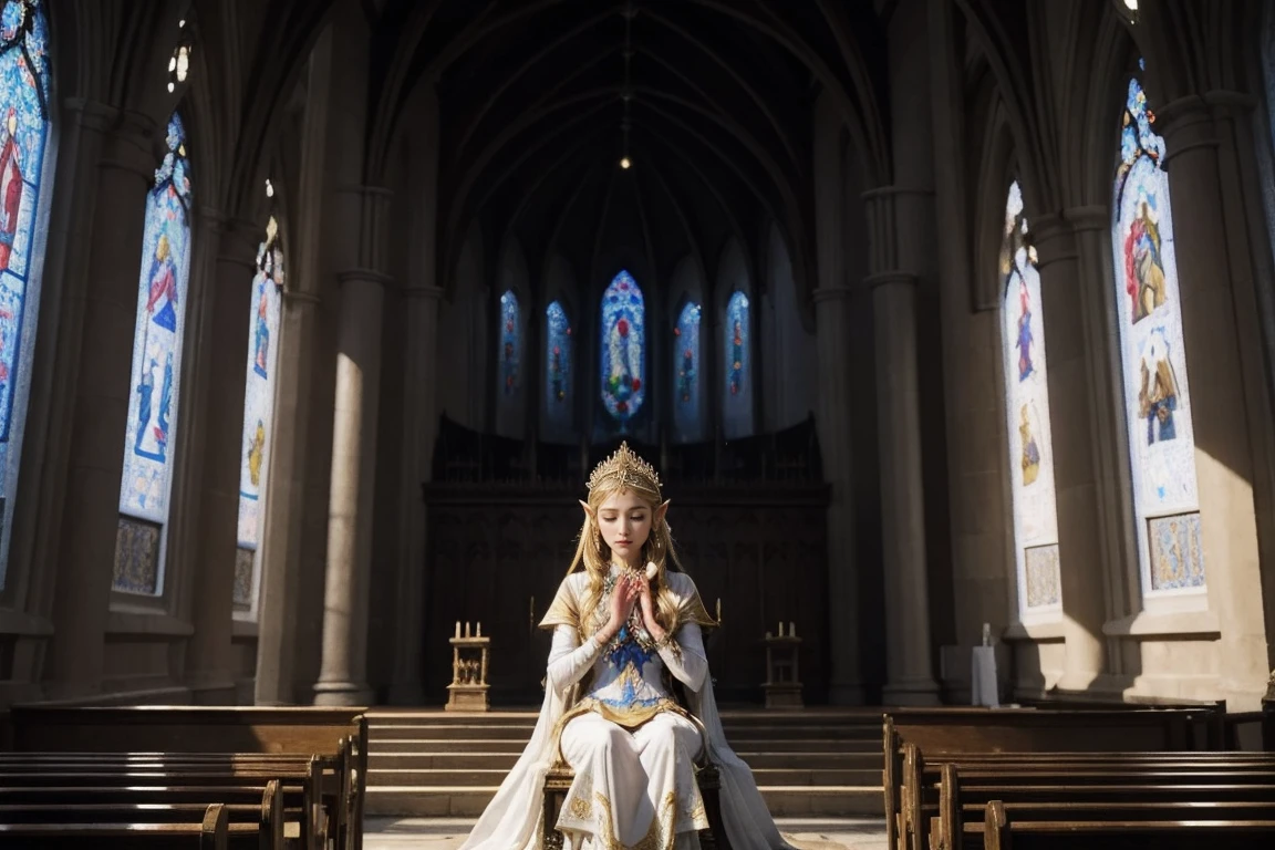 Having taken refuge in the church of Hyrule, Princess Zelda wears an expression of relief and gratitude. She wears an elegant white and gold royal dress, slightly rumpled from her recent escape. Her long blonde hair is elegantly pulled up in an updo, with a few strands falling out.
The interior of the church is softly lit from stained-glass windows, casting colorful patterns on the stone floor. Princess Zelda's face exudes a sense of genuine relief and calm, with her eyes closed or looking up in gratitude. She may have her hands on her heart or gently clutch a sacred relic or symbol. The peaceful and calm atmosphere of the church contrasts with her previous tense state.