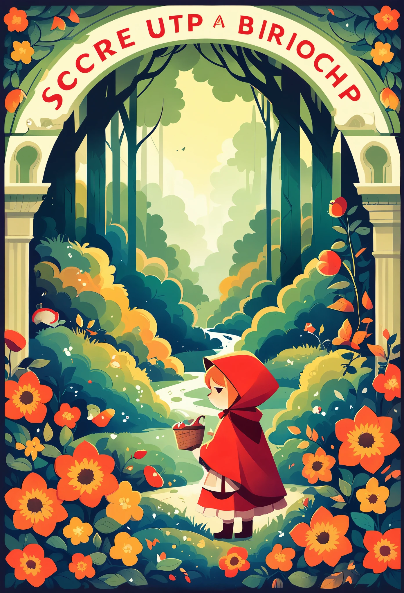 rating_safe, score_9, score_8_up, score_7_up, score_6_up, score_5_up, score_4_up, hires, highres, source_furry, cover page Design, story of Little Red Riding Hood, flat Design, vector illustrations, graphic illustration, detailed 2d illustration, flat illustration, digital illustration, digital artwork,