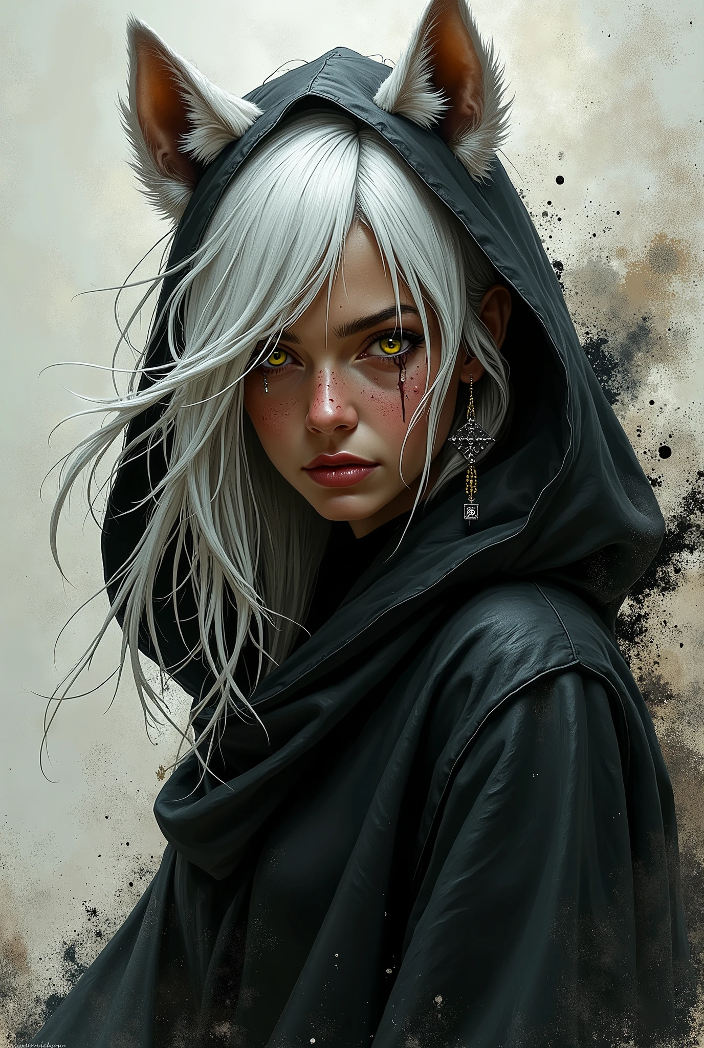 white Hair, messy hair, 1girl, Dark Skin, Scars, black robe, Hair Between Eyes, Very Long Hair, Yellow Eyes, Fang, Hyena Ears, Action Painting, Looking at viewer, Earrings, Tears, Hood,