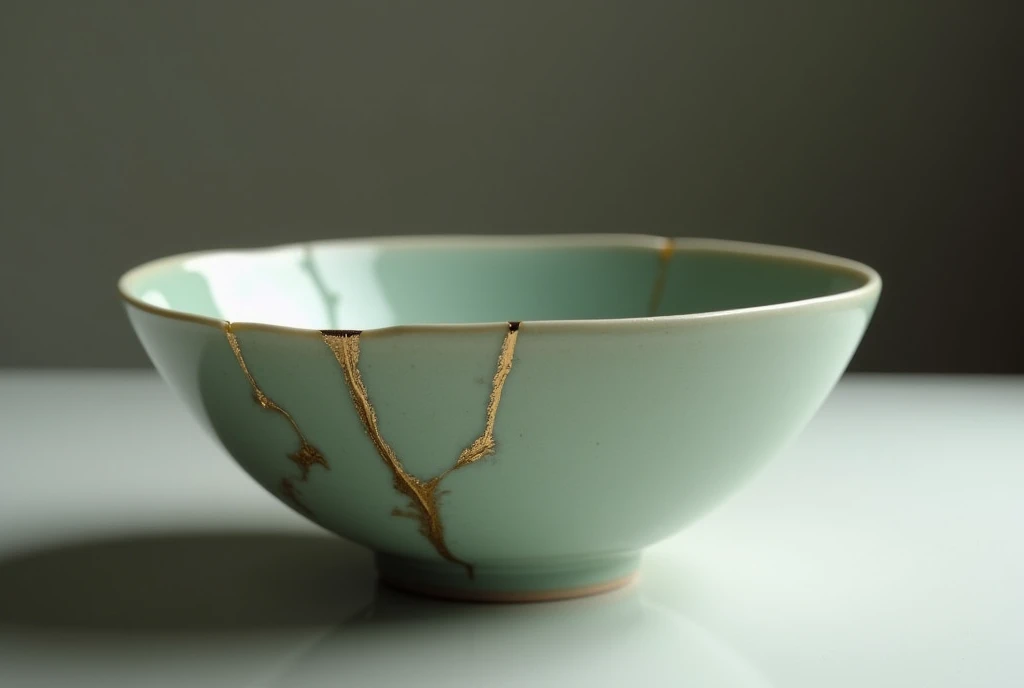 Super realistic. Cinema 4D rendering. Ceramics. A celadon bowl repaired using kintsugi. Kintsugi is a technique for repairing broken pottery with Japanese lacquer and gold powder.As part of the kintsugi process, the damaged parts of a ceramic piece are glued together or filled with lacquer and the seams are then decorated with gold powder. A simple background highlights the beauty of the bowl. Cinematic lighting.