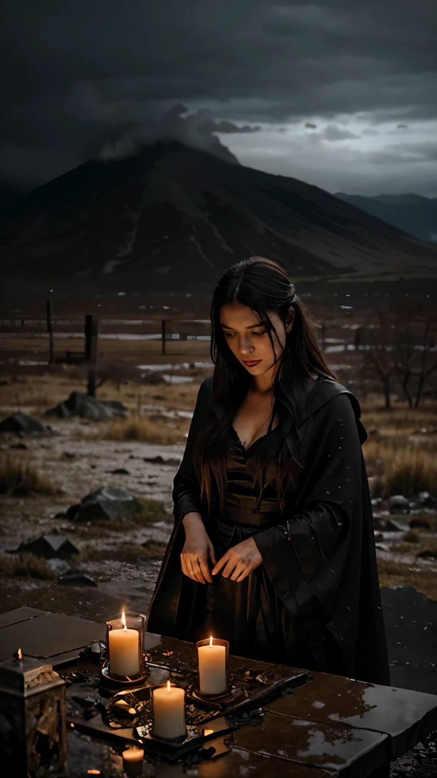 "Create a dark and evocative image for the '5 of Chalices' in the Primal Sorcerer Tarot. The scene is set on a desolate battlefield at twilight, where a lone sorceress, draped in tattered, mystical robes, stands amidst the ruins of a recent conflict. She gazes mournfully at three shattered chalices at her feet, their contents spilled into the blood-soaked earth, symbolizing loss and regret. Behind her, two intact chalices glow faintly on a stone altar, half-hidden by the mist, representing hope and the potential for redemption. The landscape is barren, with distant mountains silhouetted against a stormy sky, and the air is thick with the lingering spirits of the fallen. The mood is heavy with sorrow, but the subtle presence of the remaining chalices hints at the possibility of healing and moving forward."