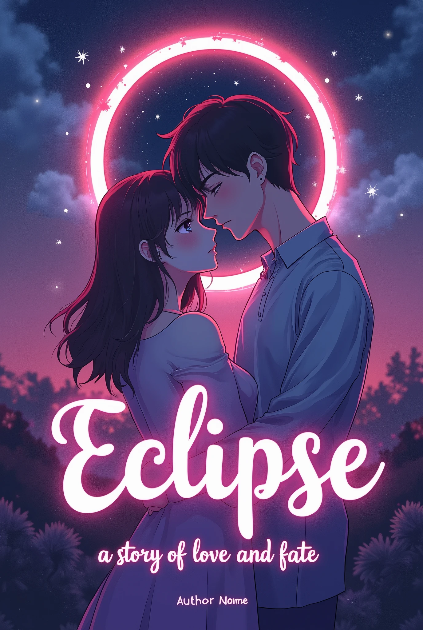 Background:

Gradient: Use a vibrant gradient background transitioning from deep purples and blues to lighter, twilight colors. This creates a dramatic, eye-catching backdrop typical of Wattpad covers.
Overlay: Add soft, starry or sparkly effects to give it a magical, dreamy quality.
Central Image:

Character Illustration: Feature an anime-style illustration of the main characters. The girl in a coma could be depicted with expressive, detailed features and a dreamy pose. The guy she meets in her mind can be shown with a glowing or ethereal aura.
Eclipse: Position the partially eclipsed moon behind or above the characters, with a stylized, glowing effect. This can be a focal point of the cover, rendered in a bright, contrasting color to stand out.
Typography:

Title: Eclipse should be in a bold, modern anime-style font with eye-catching colors like neon or metallic. The title could have a subtle shadow or glow effect to make it pop against the background.
Subtitle: “A Story of Love and Fate” in a simpler, complementary font, positioned below the title.
Author’s Name: Placed at the bottom or top in a clean, readable font, matching the anime style. Ensure it’s prominent but doesn’t overshadow the title.




