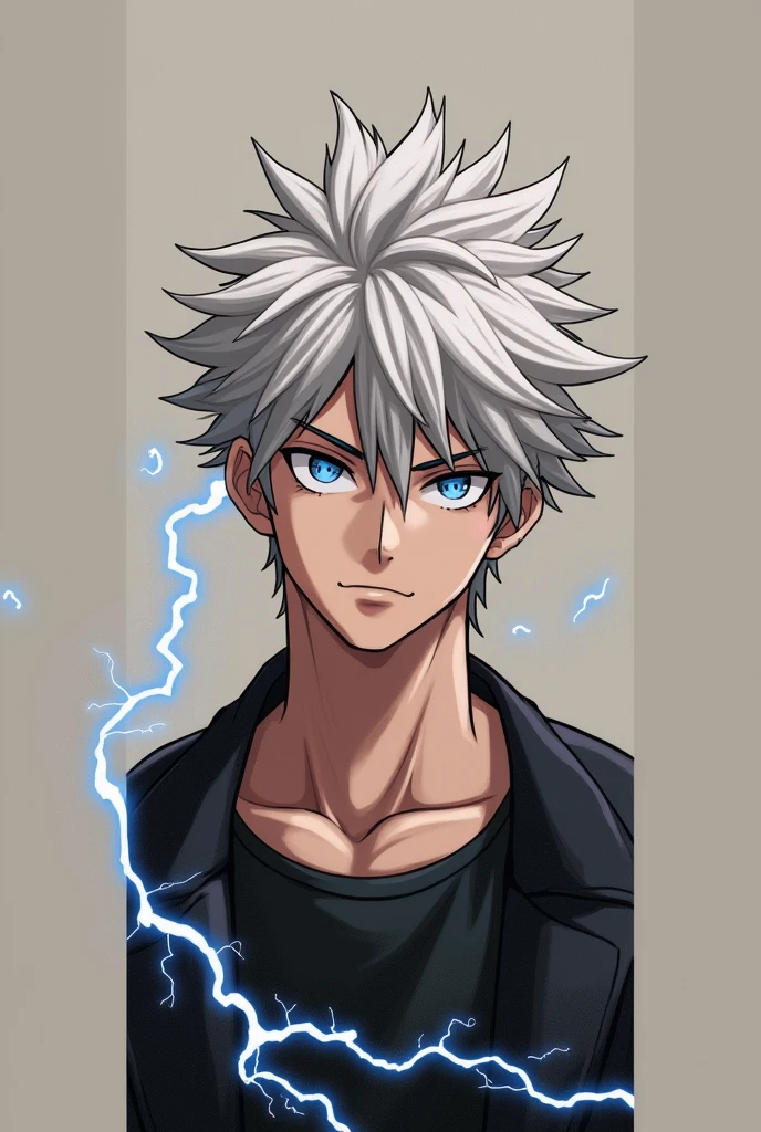 adult man with spiky black hair, electric blue eyes, black clothes, Tez blanca, with anime style electric powers