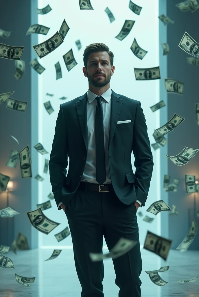 create an image of a sales specialist marketing person of the future in a shower of dollars