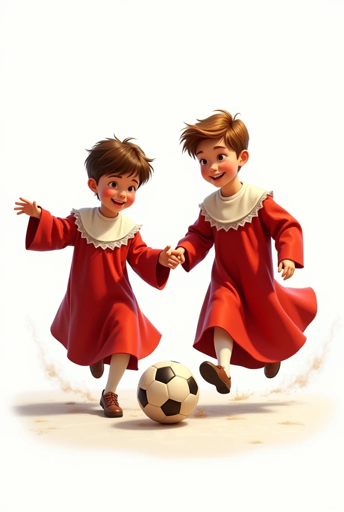 two altar boys in red cassocks and long white lace surplices, playing football, White background, disney type cartoon