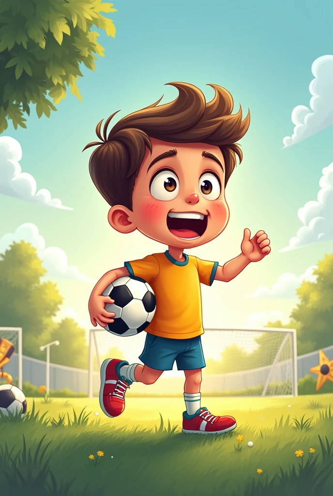 Cartoon of a boy imagining himself as a professional soccer player 