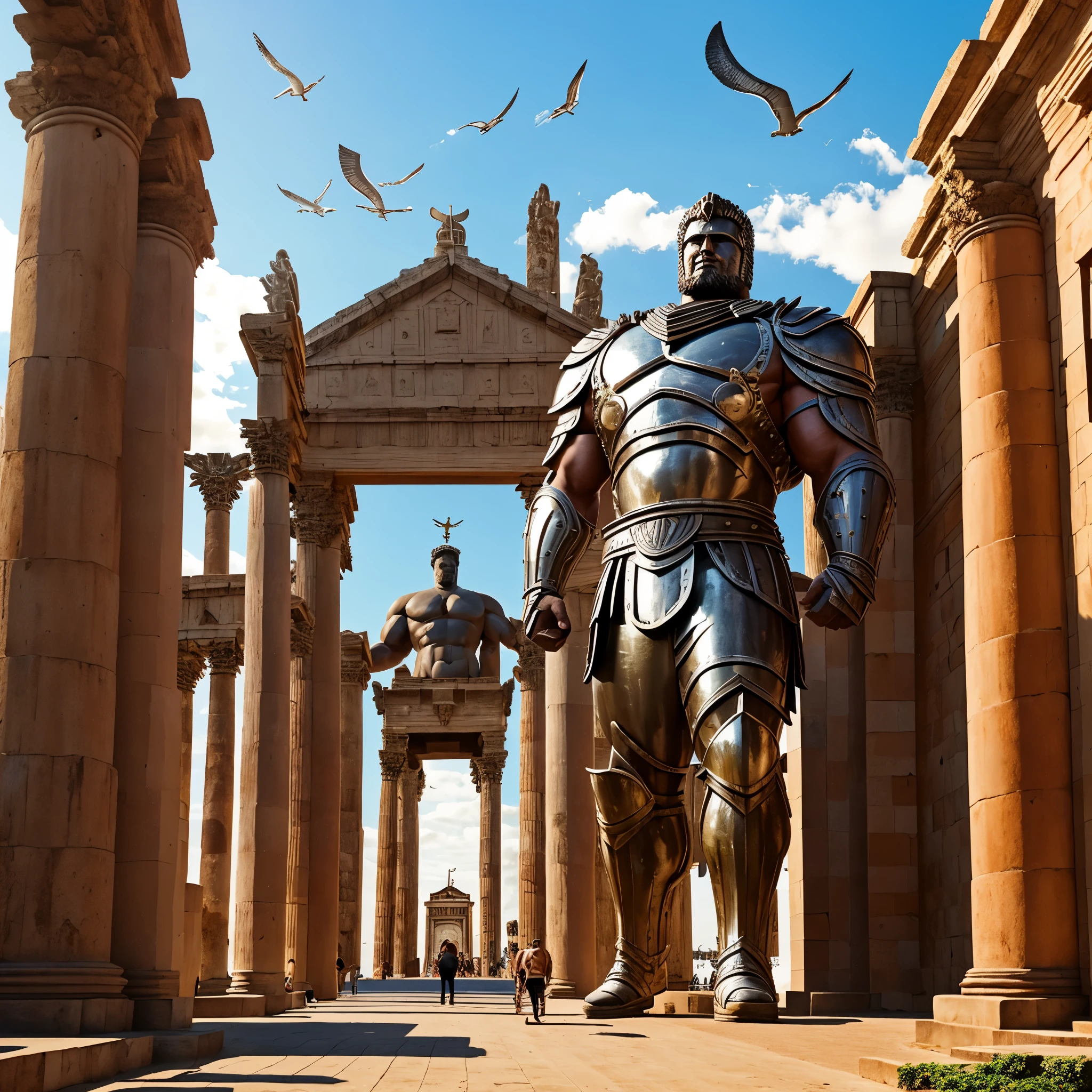 8k image, super realistic, Big Muscle Colossus of Rhodes, with gladiator armour,  at the entrance to the sunset of Santos in the country Brazil, with seagulls flying in the background, boats passing between the legs of the Colossus of Rhodes. Sunny day.