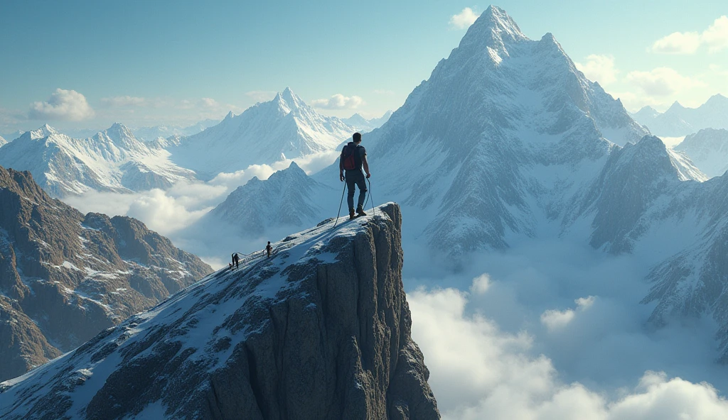 A majestic mountain (humility) with a person climbing it with effort, while in the background there is a smaller and easier mountain (pride) with others having fun.
