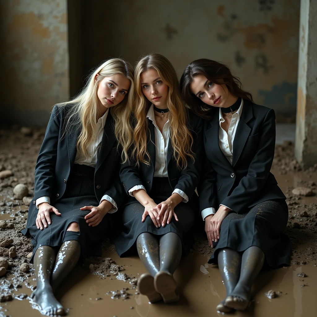 A realistic photo of only 3 slender fashionable office women, each with a model appearance with long hair, one blonde and two brunette sitting on their sides and backs, leaning on their elbows in different poses on the muddy floor and smeared a lot of liquid mud on own clothes in big muddy and flooded basement, they dressed in very dirty, muddy black business skirt suit, made only from cotton and wool fabric, consisting with long business pencil skirt with holes and tired, long business jacket with holes and torn, vest with holes and torn, white button-up shirt with holes and torn. Their jackets and skirts completely covered with milk from head to toe! They smeared a lot of liquid mud on their long skirts, jackets, vests, shirts, stockings, faces, and hair from head to toe covered with liquid mud. They wear black chokers around their necks, adding to the eerie and unsettling atmosphere. Their smear a lot of mud on own clothes, their all clothes stained with liquid mud. The background shows a muddy and flooded basement. 