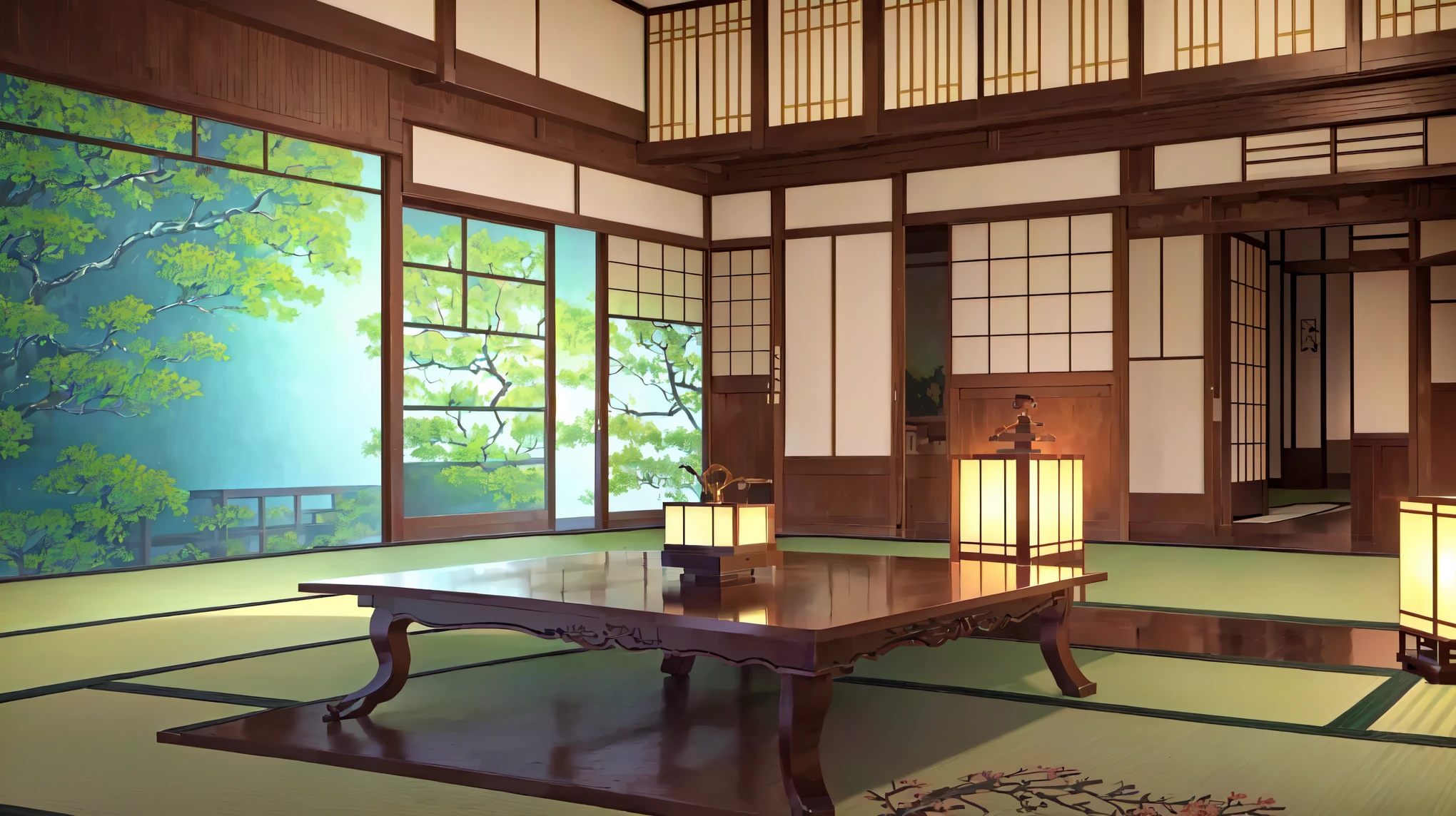 There is a room with a table and chairs and a painting on the wall, detailed landscape: width 672, Japanese house, Modern Japanese Living Room, animated background art, Japanese style, anime beautiful peace scene, Very detailed scene, anime scene, 3d realistic anime style., beautiful anime scene, japanese art style, Japanese influences, anime scenery, beautiful anime scenery