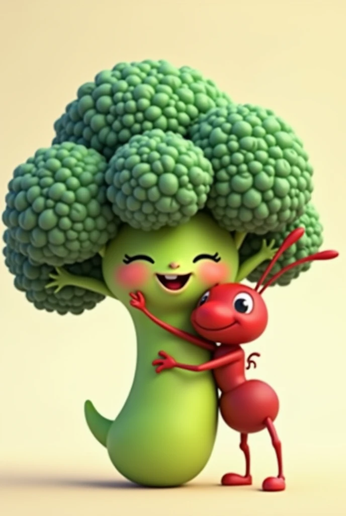 A broccoli and a red ant hugging each other animatedly
