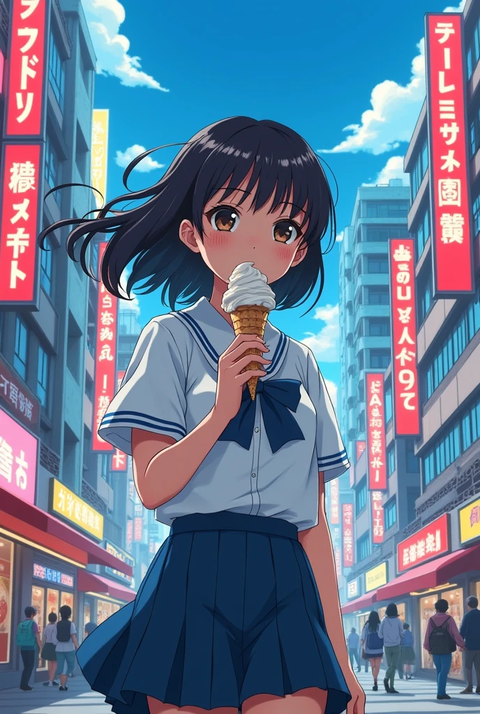 A high school girl is walking around eating ice cream with 80s Japan in the background、Anime Style