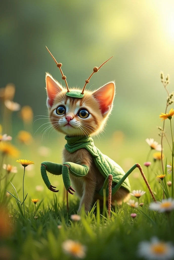 kitten cute Praying mantis costume Field background Real