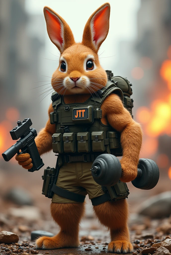 Holland Lop Eared Rabbit with both ears fully drooping Light broken orange、Special Forces Look、The body is muscular and well-trained.、The clothes say JTt、A fierce battlefield with explosions、He has a dumbbell and a gun in his hand