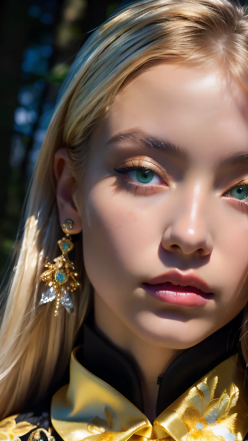 (((masterpiece, Highest quality, High resolution, Attention to detail)))), One, ((Fantasy)))), (A peerless beauty)))), (White short skirt with gold embroidery), (Long blonde ponytail:Dumpling1), (Shiny, dark black eyes), (Green surcoat with gold embroidery), big, (((at night forest)), (Many beautiful flowers are blooming)), Sit in a chair and look here , Particles of light flying、(((Face close-up)))、Face close-up