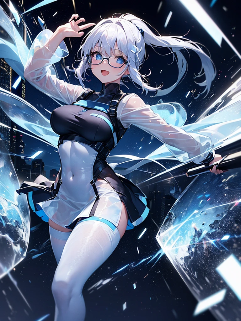 woman,,,city,night,(((White and blue tight miniskirt bodysuit))),,Laughing with your mouth open((See through))Glasses,((Beautiful long ponytail)),((Girl&#39;s body type))