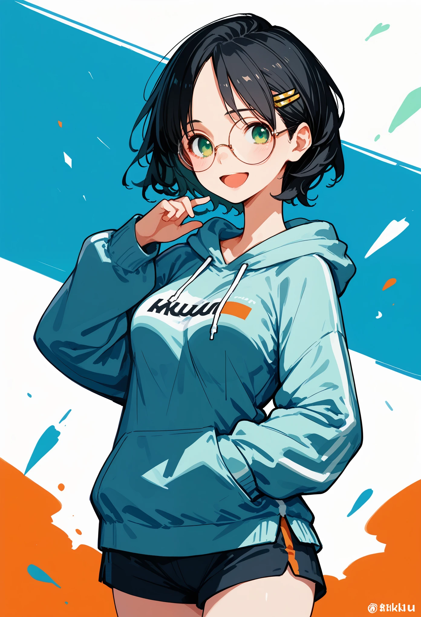 score_9, score_8_up, score_7_up, rating_explicit, score_anime, masterpiece, best quality, delicate illustration, sharp line, sharp focus, break (portrait:1.3), 1girl, (happy:1.3),clothed, break
(black hair, short hair, wavy hair, forehead, green eyes, round glasses, gold hair clip, medium breasts, 2 woman), oversized navy hoodie, short pants, subaru-logo,