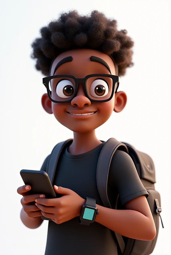 Create a 3D Disney-Pixar style, 4K resolution avatar of a young Black man with medium brown skin. He has short curly hair and is wearing square glasses. The avatar is dressed in a black shirt, carrying a backpack, holding a smartphone in one hand, and wearing a smartwatch on his wrist. The expression on his face should convey a sense of gratitude, perhaps with a warm, genuine smile and slightly raised eyebrows to indicate appreciation. The avatar is designed for a static post thanking followers for reaching 100 followers. Convert to PNG without background 