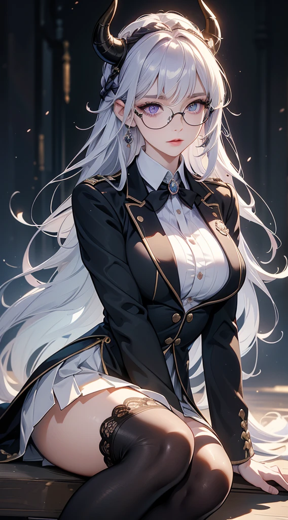(masterpiece:1.3), ((Best quality at best)), (disorganized:1.3), (highest quality:1.3),(perfect anatomy:1.5),Super detailed:1.3),(best shadow:0.7),(Ultra high resolution), extremely detailed texture, sharp focus, realistic lighting, cinematic quality, photorealistic details, smooth shading, fine grain, high dynamic range, 8K quality, exquisite clarity, (Real photos, Crafted with meticulous precision), ultra realistic 8k cg, picture-perfect face, flawless, clean, professional artwork, famous artwork, cinematic lighting, cinematic bloom, closeup, of a stunning demon princess in a medieval magic academy uniform. She has an athletic, busty build and possesses enchanting detailed beautiful ((purple eyes)) and a flawless, detailed face. Her white hair, as pale as moonlight, is styled in a long braided ponytail cascading down her back, adorned with delicate black demon horns. She wears stylish glasses perched upon her nose, adding an air of intelligence and intrigue. The uniform consists of a white blouse, a dark blue pleated skirt, a matching blazer with golden buttons, and knee-high white boots. The portrait is full of intricate details, capturing the essence of her beauty, power, and academic grace