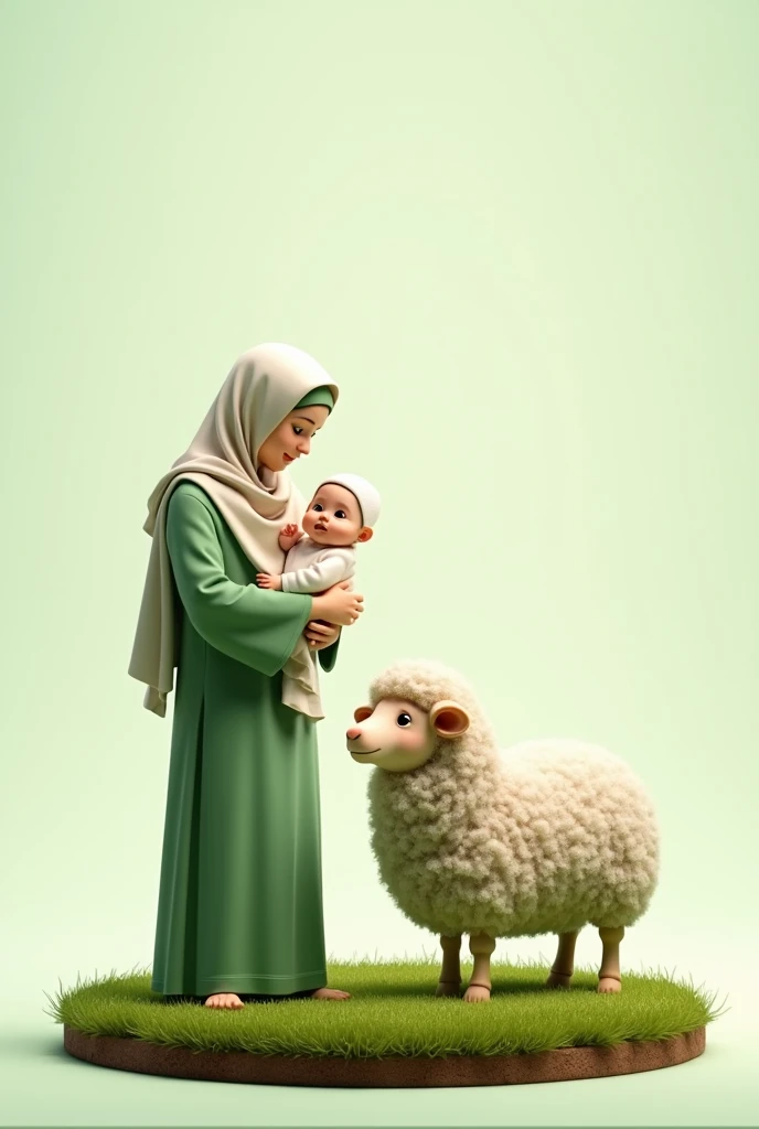 Parents and baby wearing Muslim clothing riding a sheep. With an aqiqah nuance. Shades of green. Background transparan. The sheep is standing on a circle of grass and there is soil underneath it.