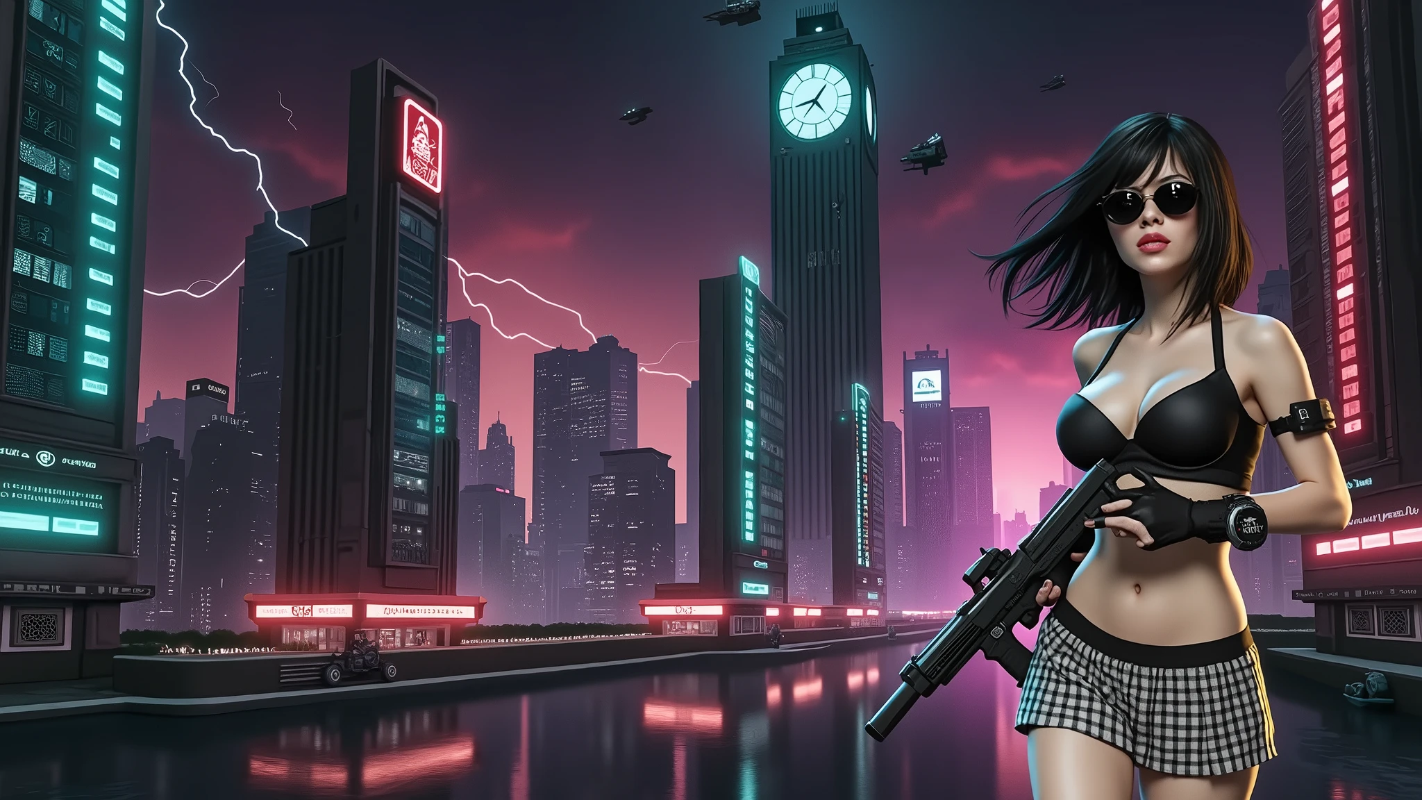 (Wide angle aerial view). At night, simple outlined cyberpunk city, flying cars, all-glass buildings, glowing giant clock tower, lightning, line art background. High-resolution OLED GUI interfaces in the building, The windows are filled with transparent data visualization infographics that show it all, very close-up green glowing cascading code. Colors are saturated and vibrant. At night, (1girl, solo, alone), photorealistic, large-breast slim:0.6 body, oval:0.5 face, black mini bra, cleavage:1.1, deep-v, very low angle view of black pleated miniskirt, white panty, (upskirt), glove, (Matrix style black micro sunglasses), (aiming viewer with a short gun), dynamic running pose, (half-body thigh level close-up shot), cinematic lighting, ray tracing, motion blur background.